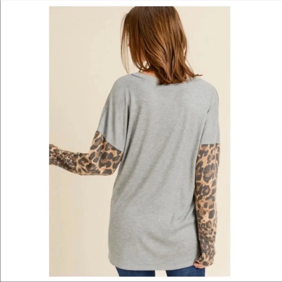 Gray Leopard Sleeve Long Sleeve Top - Picture 5 of 8